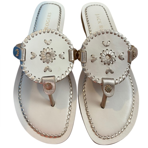 NIB Jack Rogers Collins Flat Leather Sandals, Ivory & Platinum, Size 9 - Picture 4 of 7